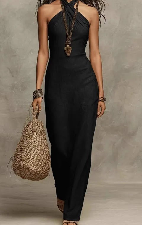 Criss-cross halter neck maxi dress in black – front