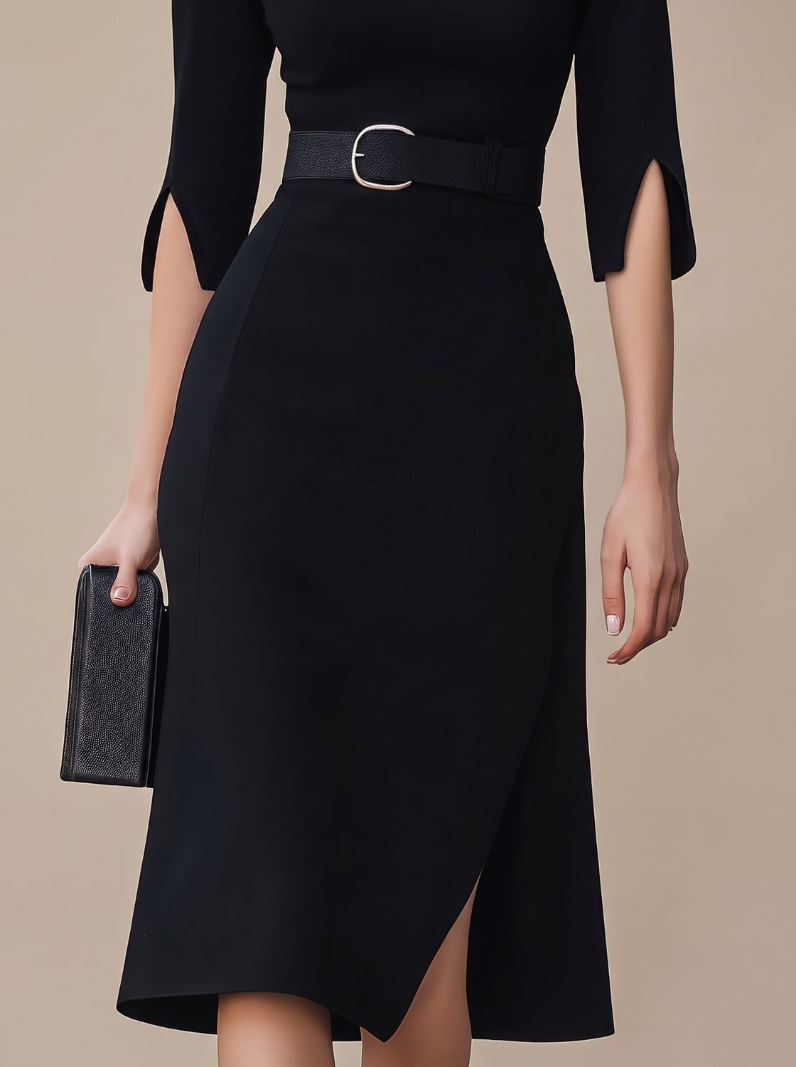 Belted midi dress with high neck and asymmetric hem in Black