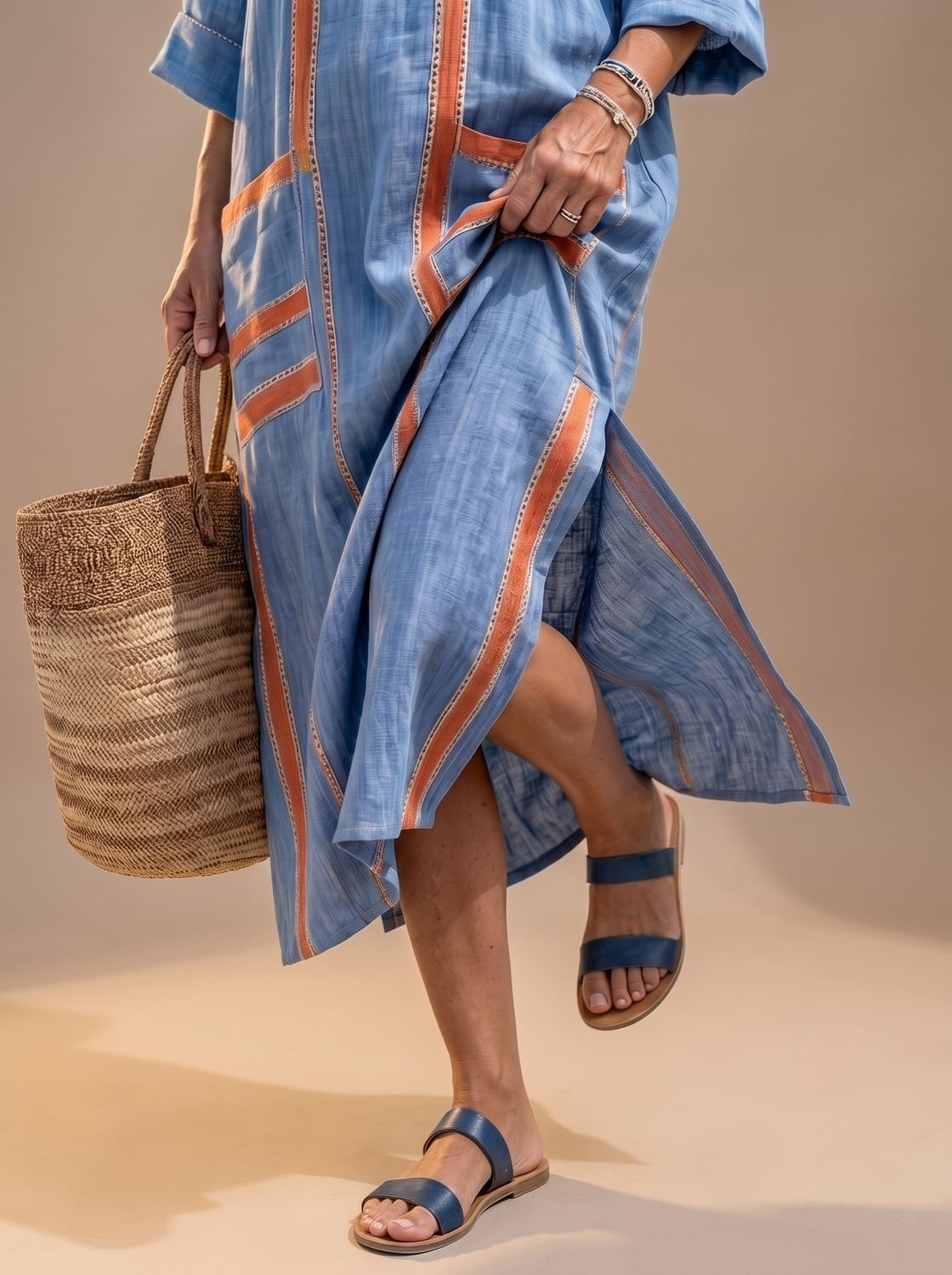 Kaftan midi dress contrast trim pocket detail in blue