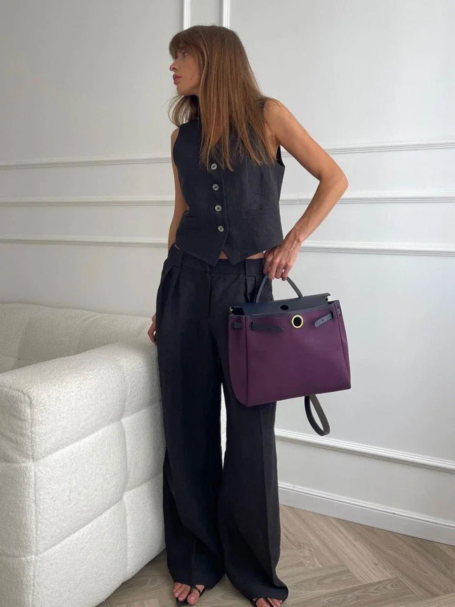 Linen-blend two piece set with button vest and wide-leg pants in black