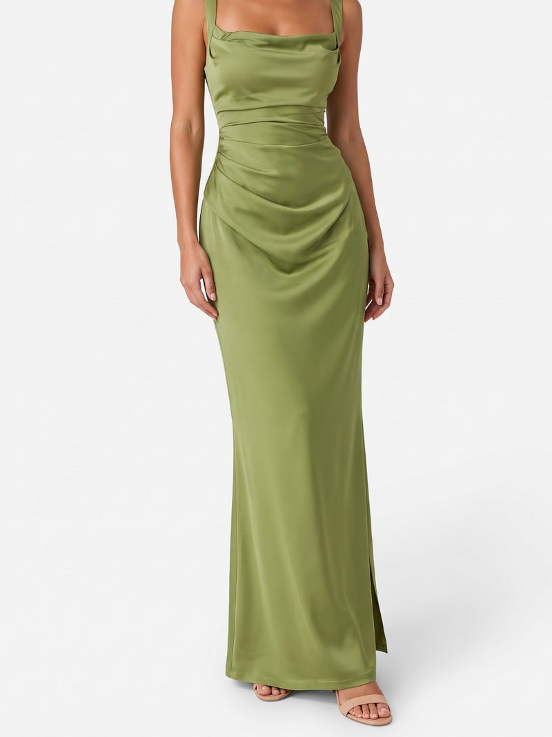 Satin Ruched Waist Maxi Dress with Adjustable Straps