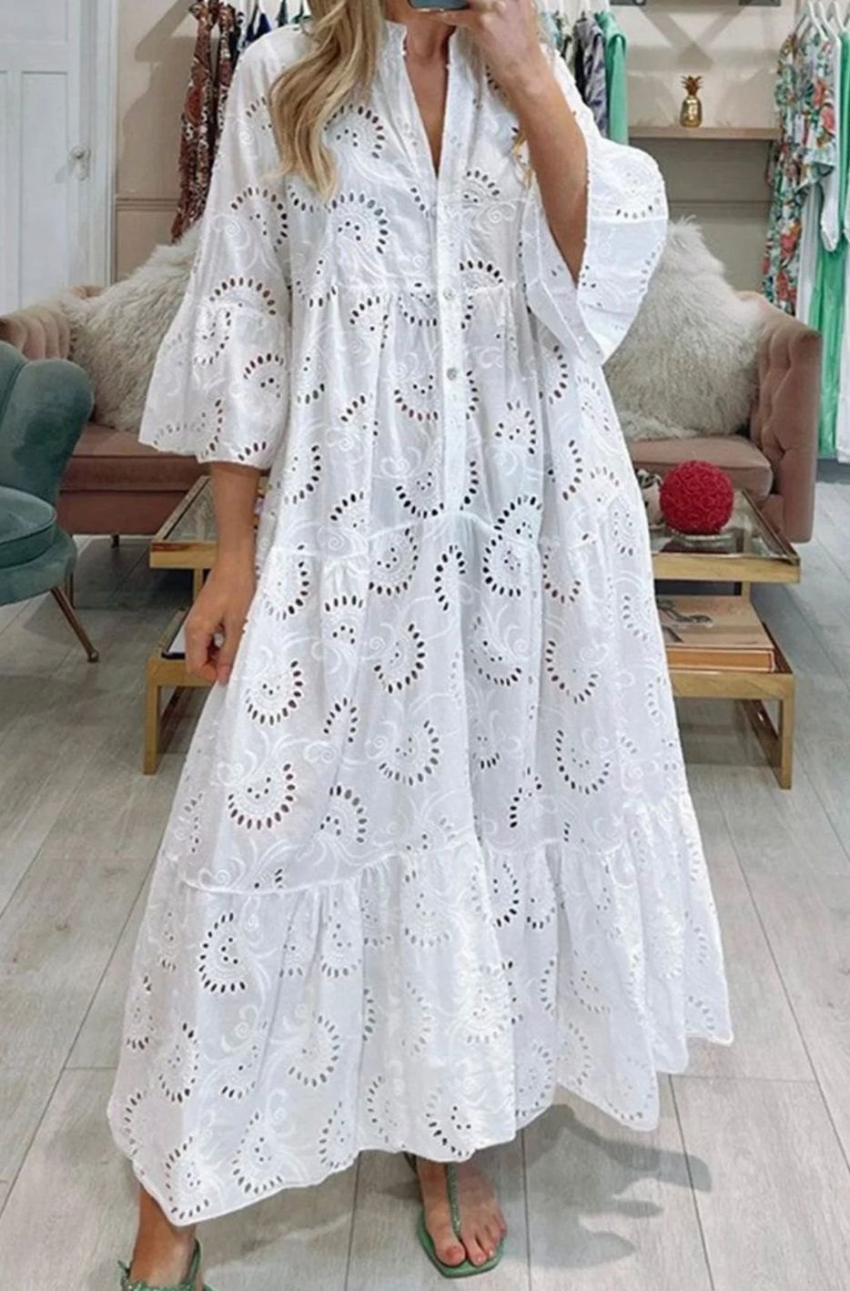 Tiered eyelet maxi dress with V-neck in White