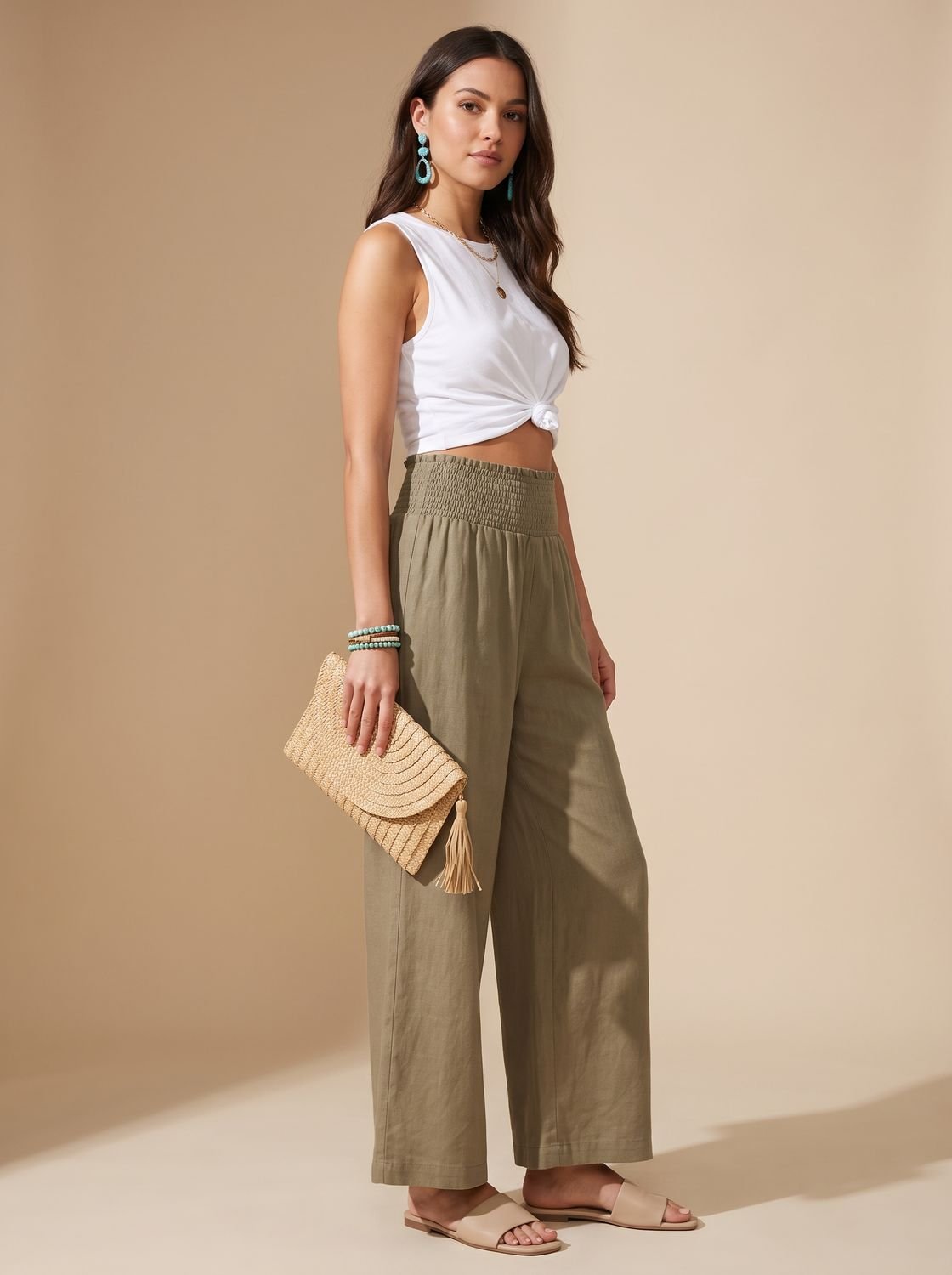 Wide leg linen-look pants with smocked high waist in green