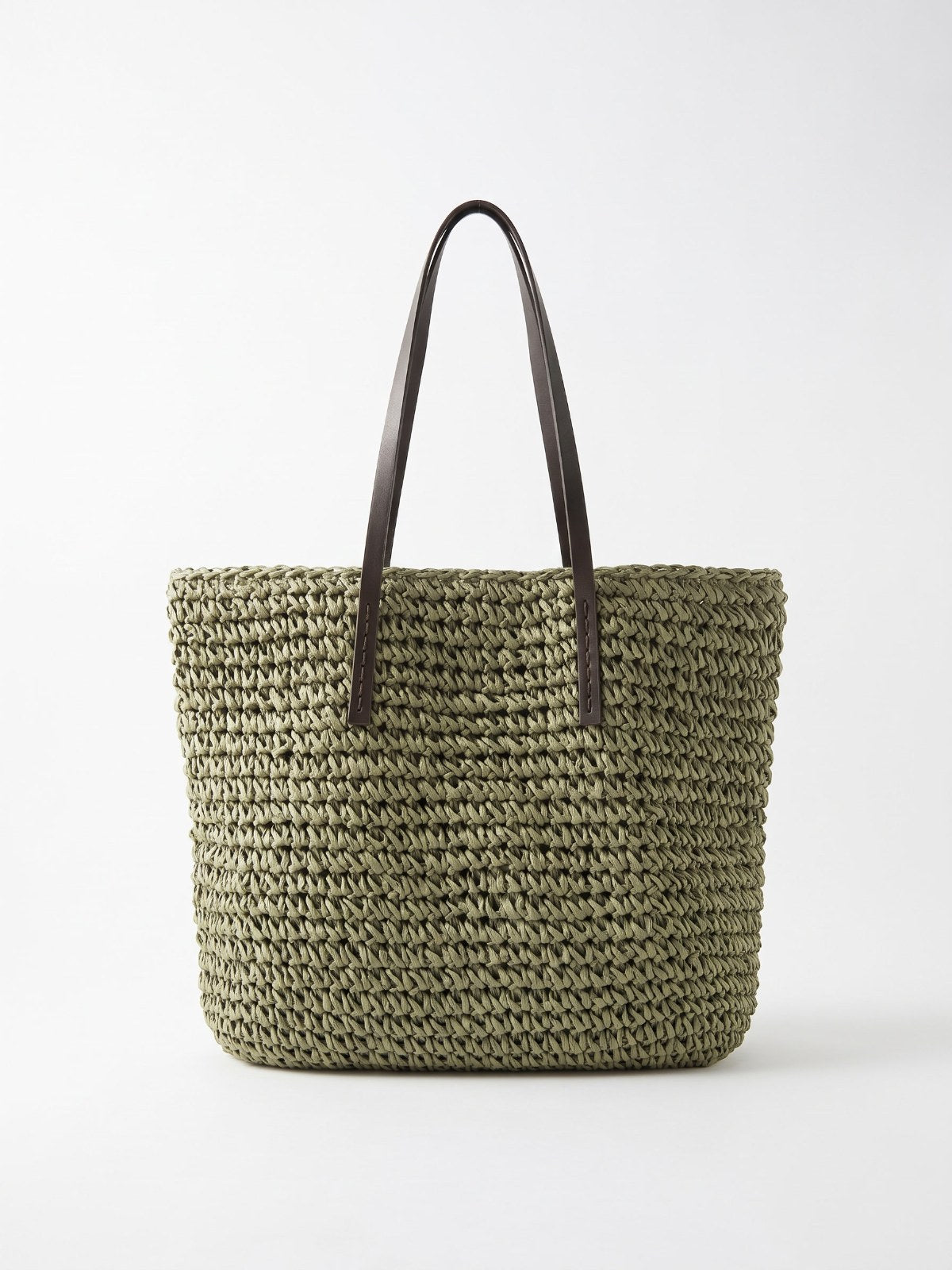 Olive woven straw tote bag on a white background