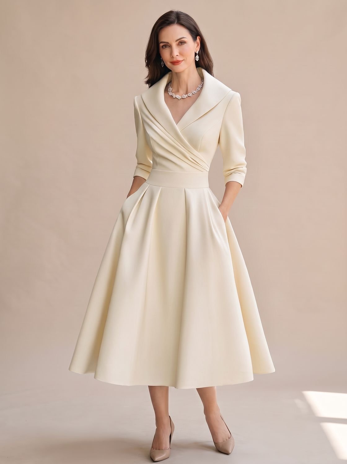 Wrap midi dress with shawl collar in beige