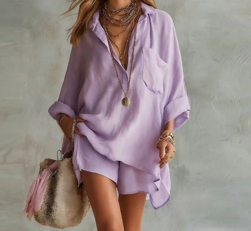 Cotton-linen shirt and shorts set in lavender – front