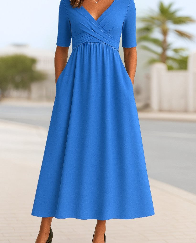 V-neck cross-over A-line midi dress in light blue – front