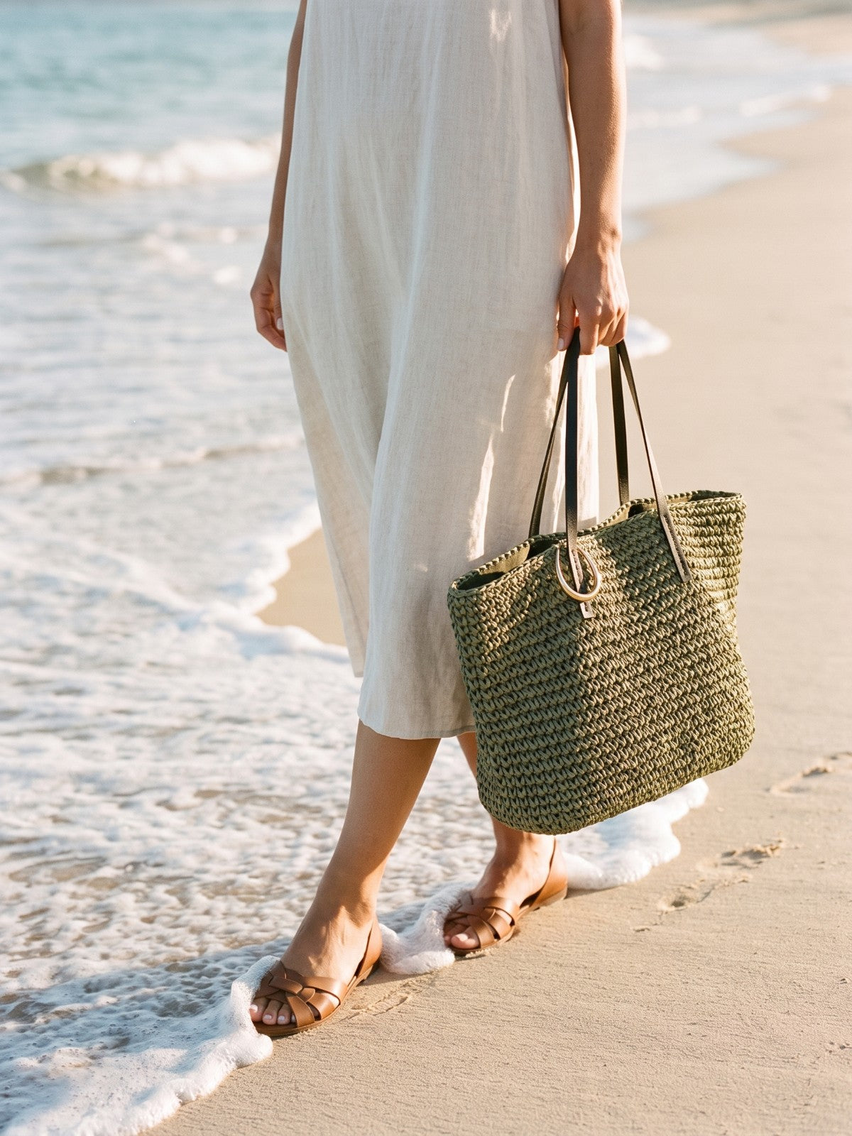 Finishing Touches – woven straw tote and leather sandals at the waterline