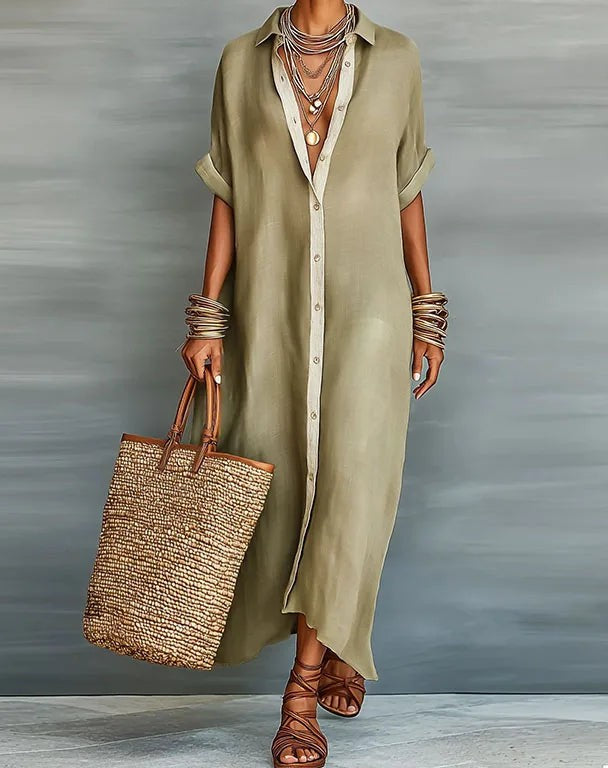 Button-down maxi shirt dress in khaki – front