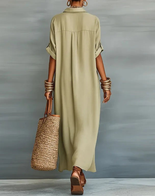 Button-down maxi shirt dress in khaki – back