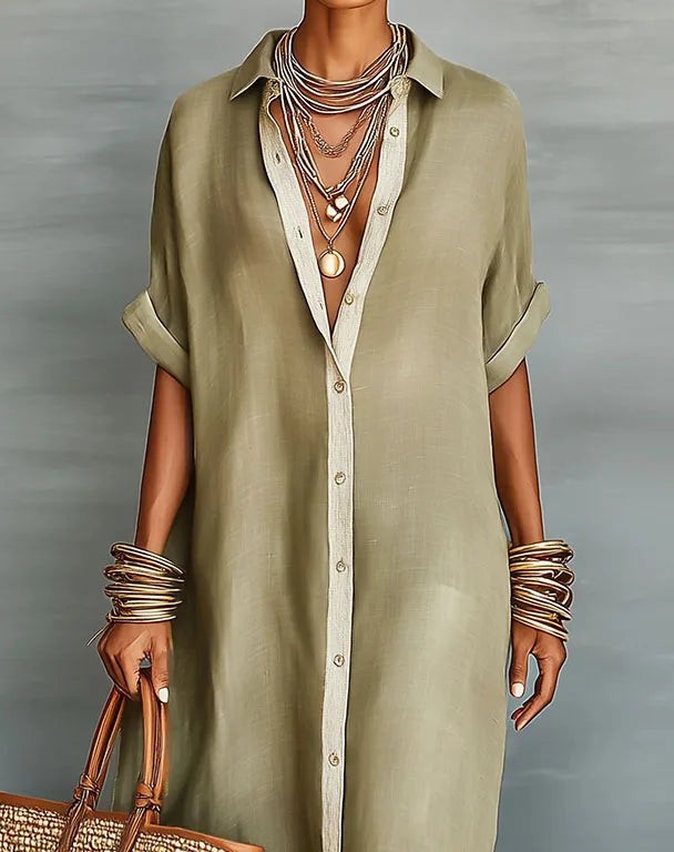 Button-down maxi shirt dress in khaki – collar and placket detail