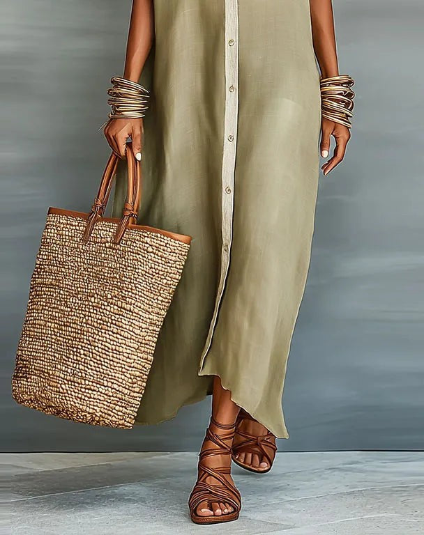 Button-down maxi shirt dress in khaki – hem detail