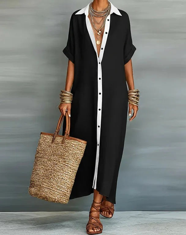 Button-down maxi shirt dress in black – front