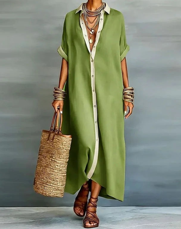 Button-down maxi shirt dress in green – front