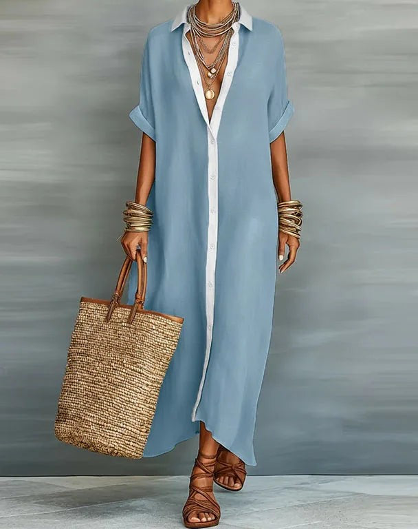 Button-down maxi shirt dress in light blue – front