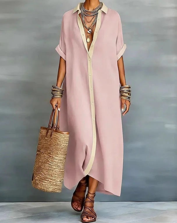 Button-down maxi shirt dress in pink – front