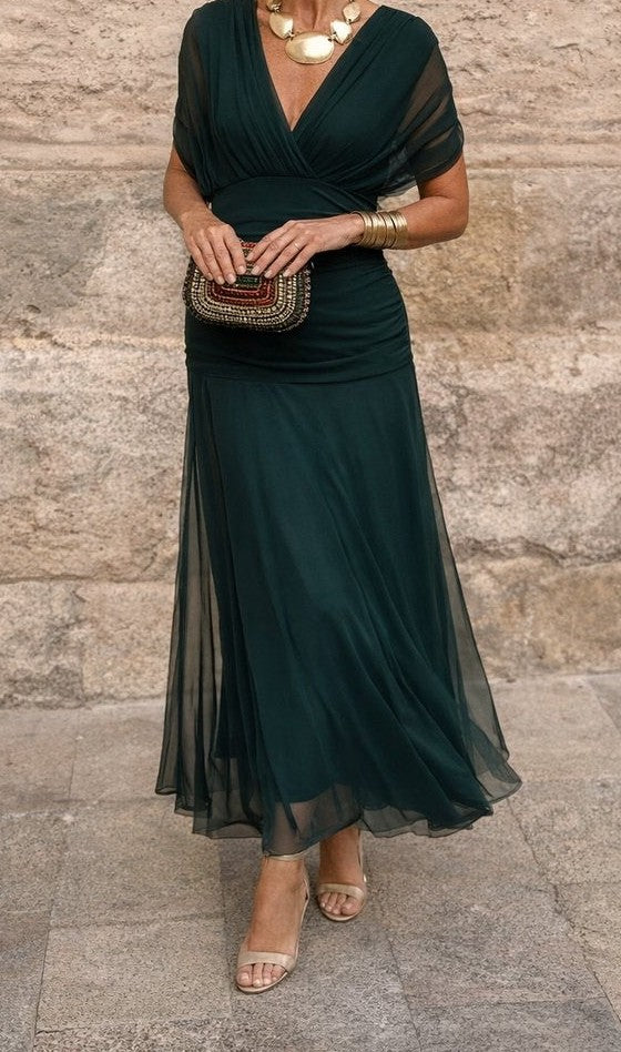 Chiffon V-neck maxi dress with flutter sleeves in bottle green – front