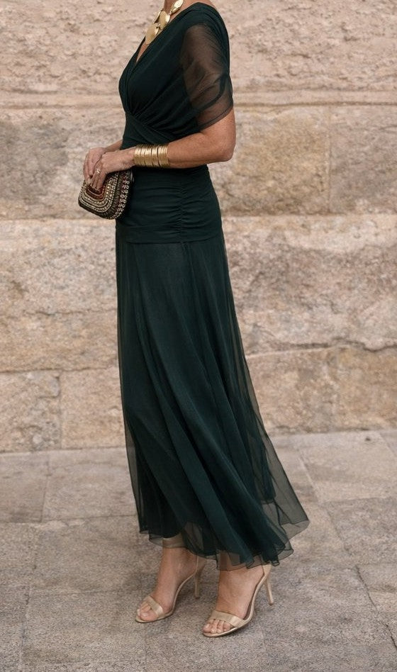Chiffon V-neck maxi dress with flutter sleeves in bottle green – side