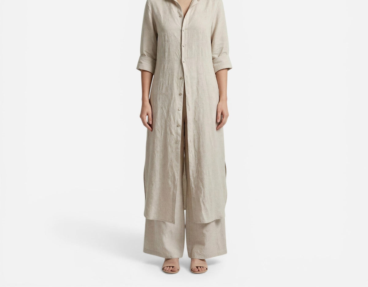 Cotton long shirt and pants set in khaki – front