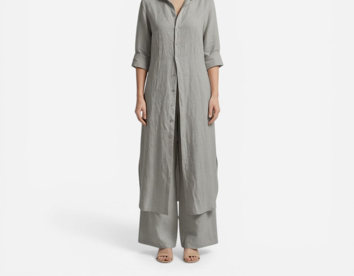 Cotton long shirt and pants set in charcoal – front