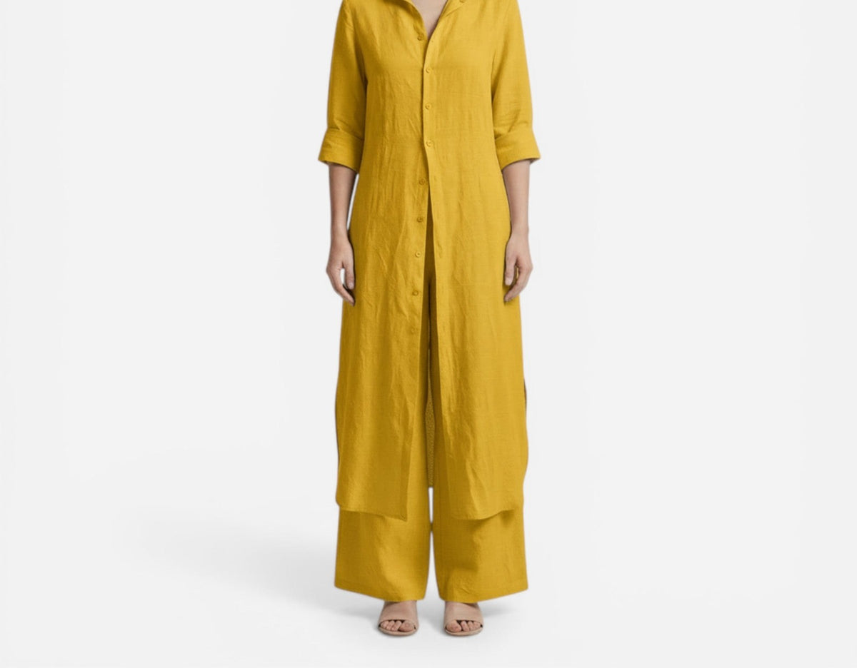 Cotton long shirt and pants set in mustard – front