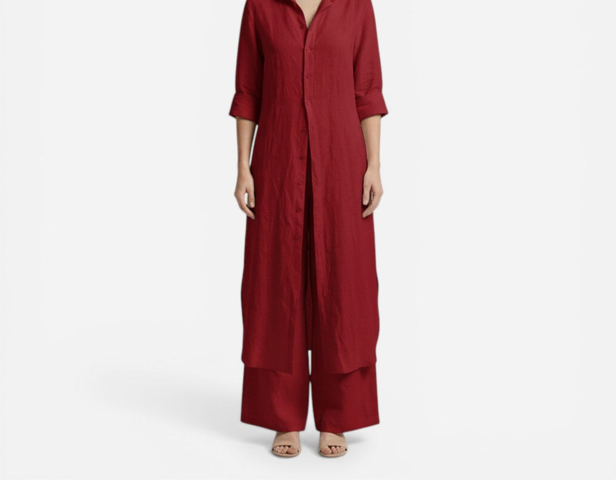 Cotton long shirt and pants set in red – front