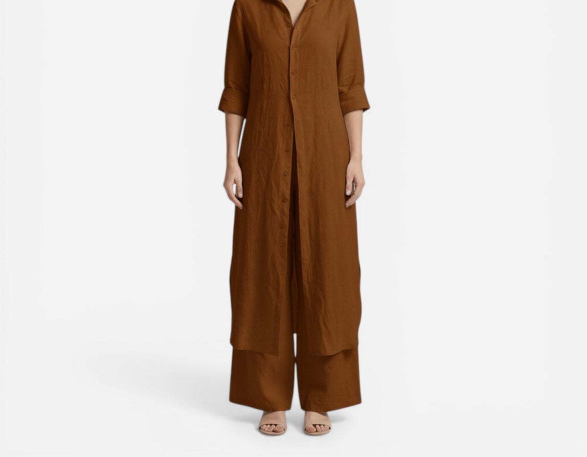 Cotton long shirt and pants set in brown – front