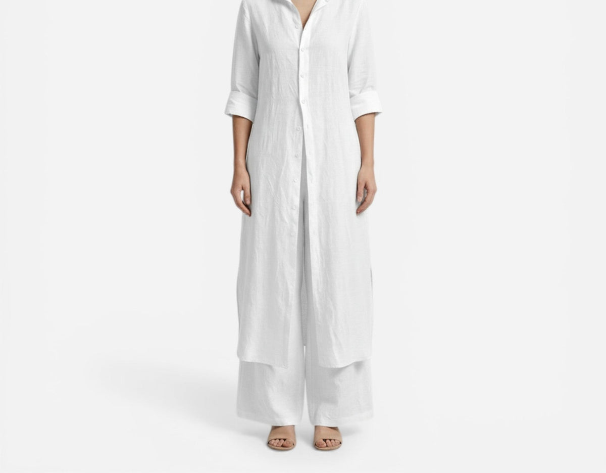 Cotton long shirt and pants set in white – front