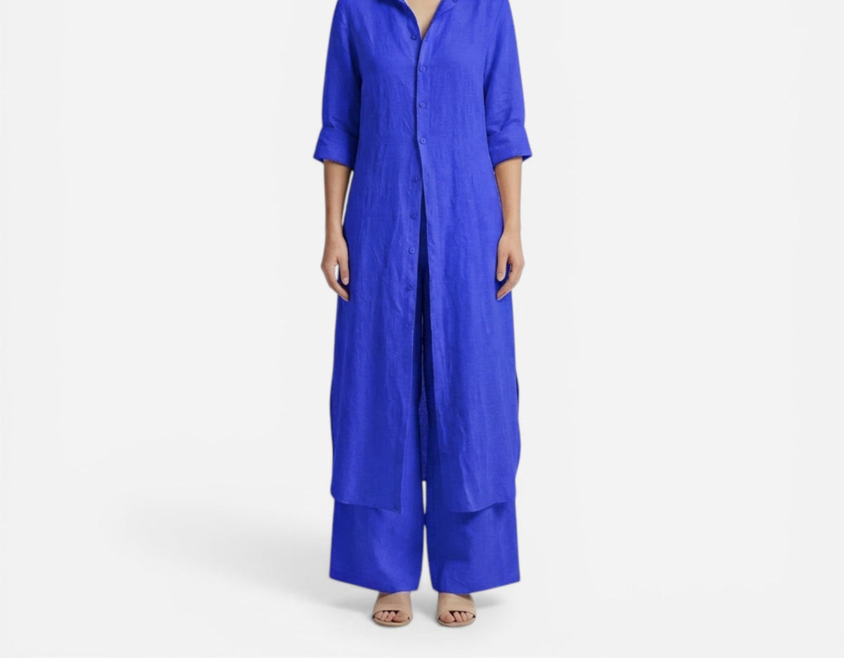 Cotton long shirt and pants set in royal blue – front