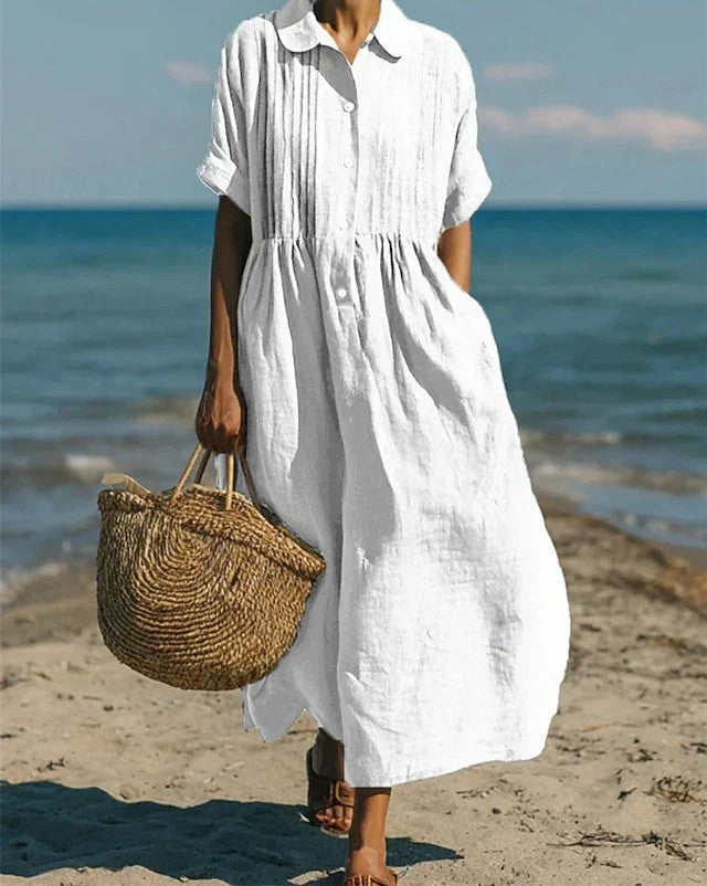 Cotton midi shirt dress in white – front