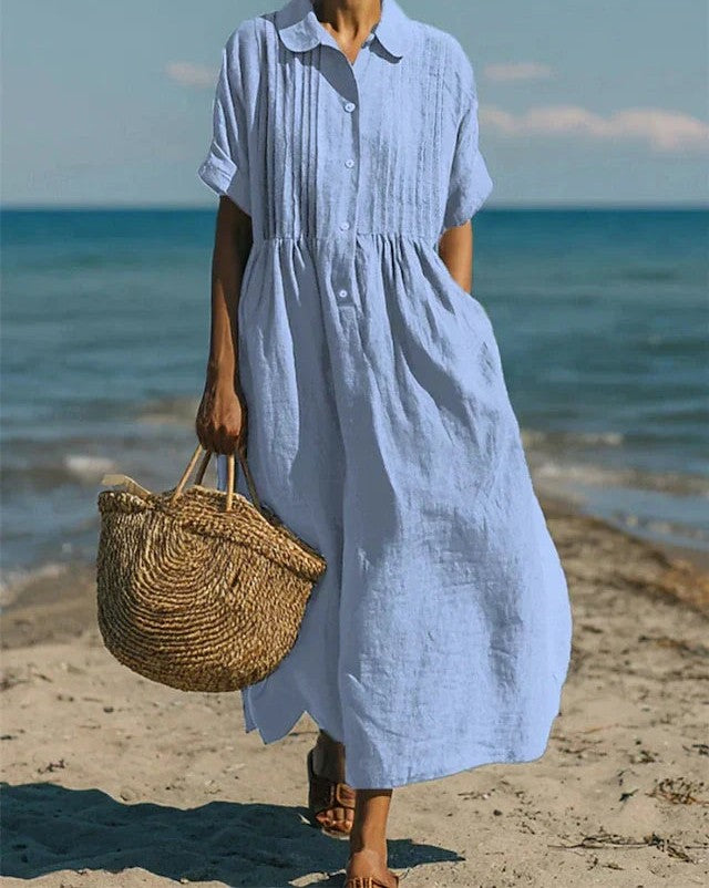 Cotton midi shirt dress in light blue – front