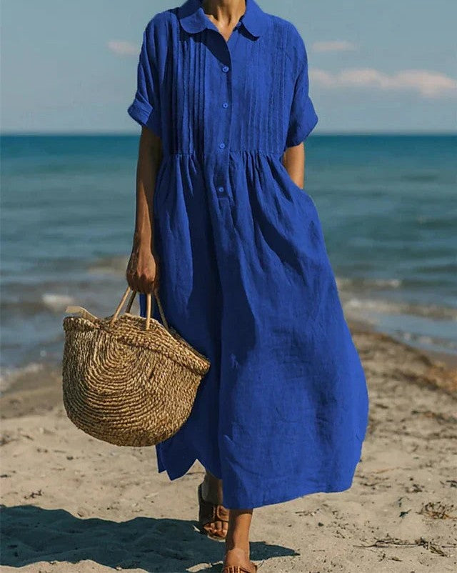Cotton midi shirt dress in blue – front