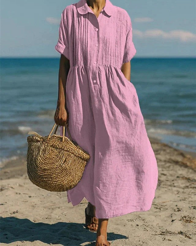 Cotton midi shirt dress in pink – front
