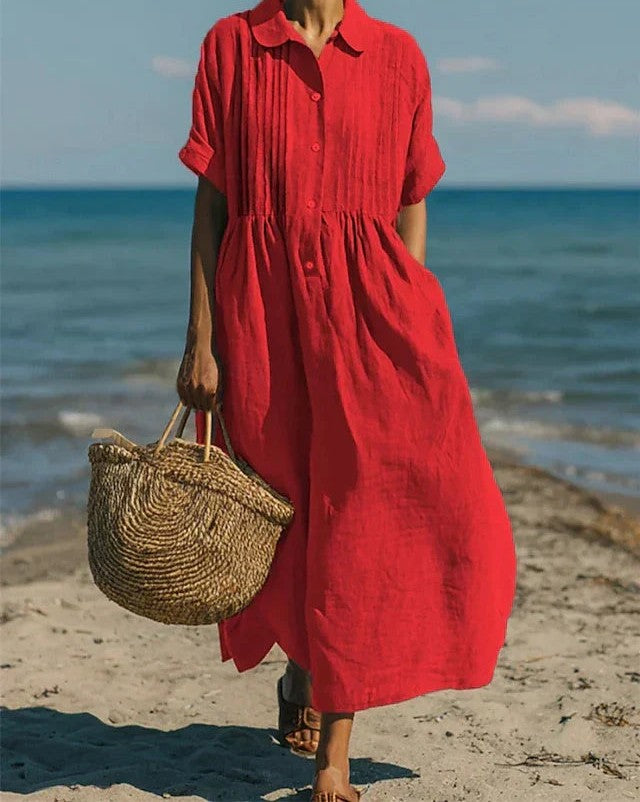 Cotton midi shirt dress in red – front