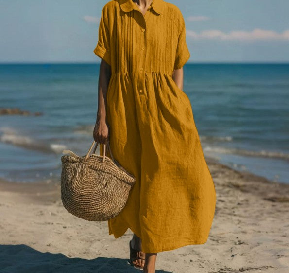Cotton midi shirt dress in camel – front