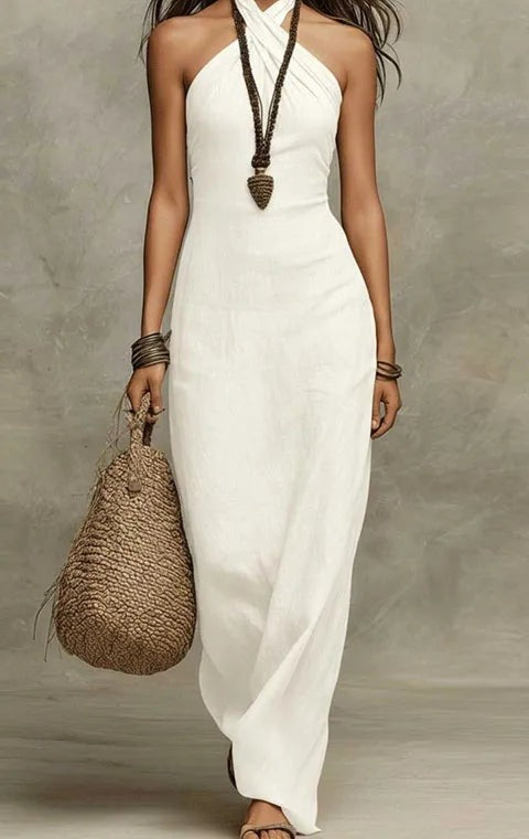Criss-cross halter neck maxi dress in white – front
