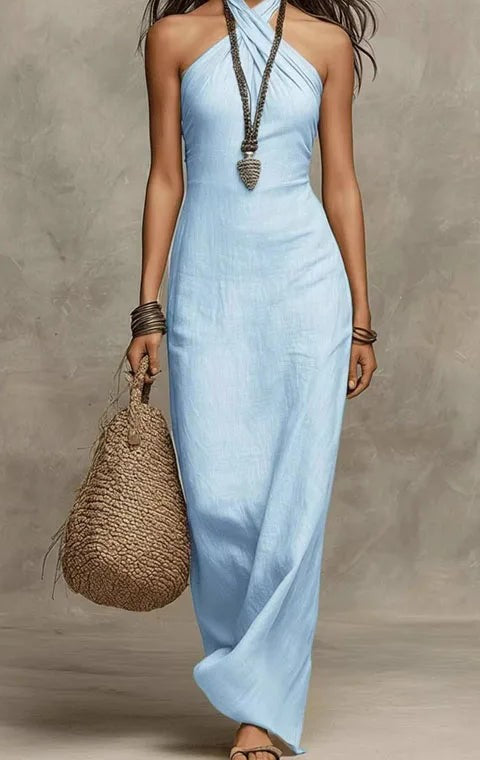 Criss-cross halter neck maxi dress in sky blue – front