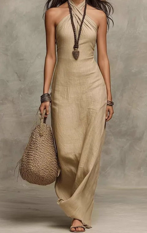 Criss-cross halter neck maxi dress in khaki – front