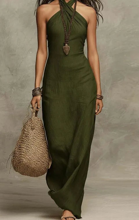 Criss-cross halter neck maxi dress in olive green – front