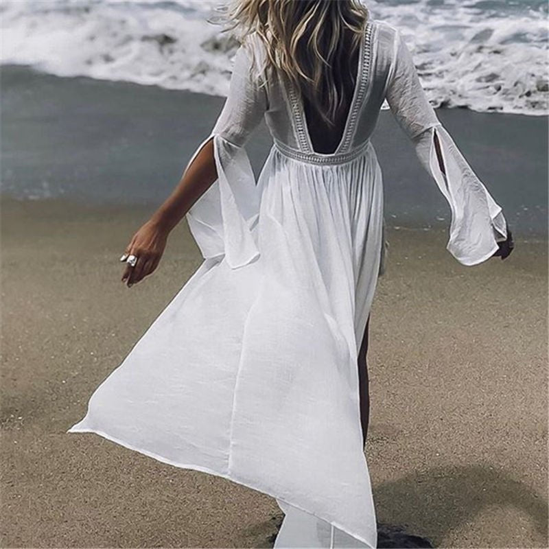 Beach cover up maxi kimono with open back in white