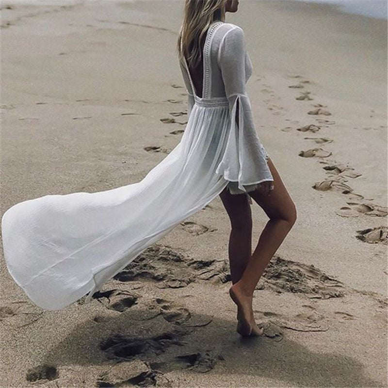 White beach cover up maxi kimono on the sand