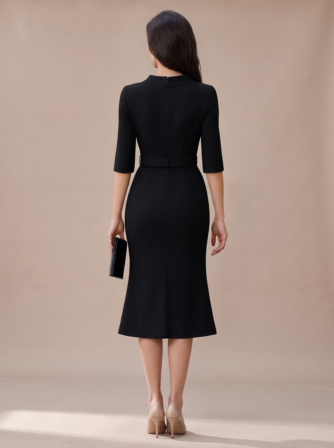 Belted midi dress with high neck and asymmetric hem in Black