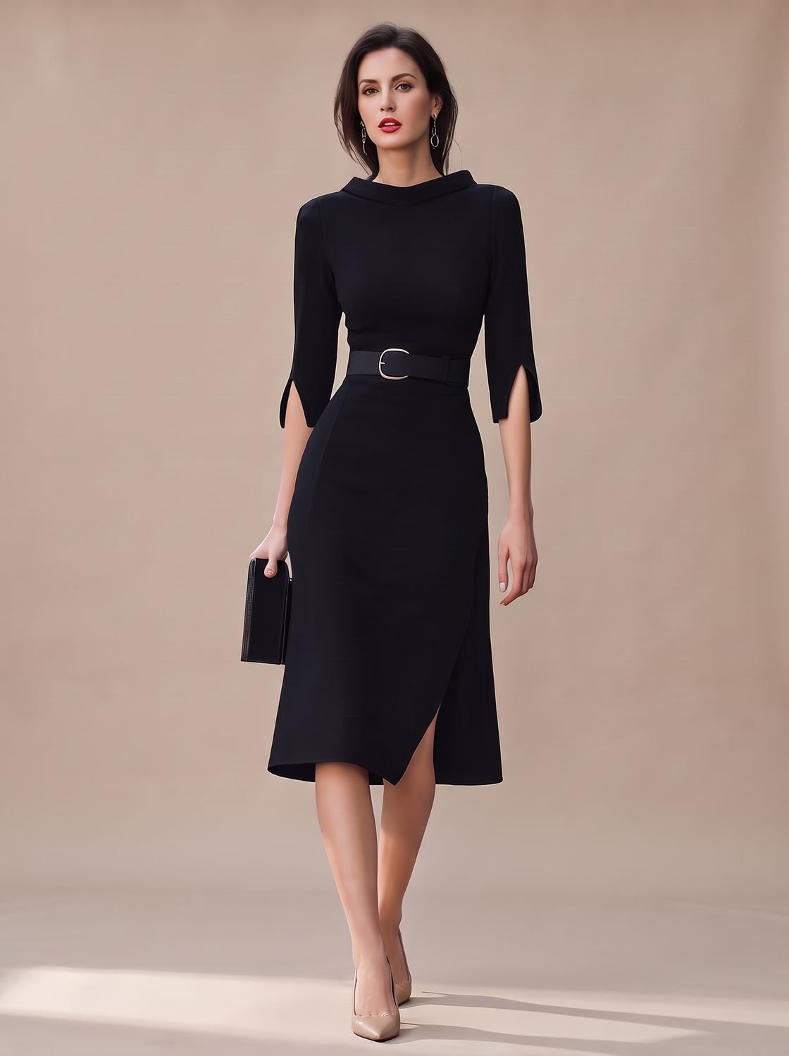 Belted midi dress with high neck and asymmetric hem in Black
