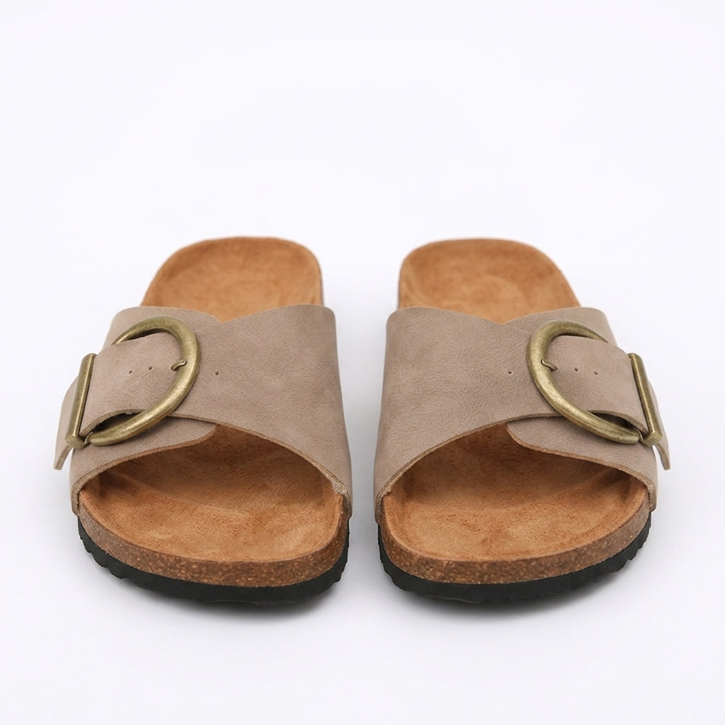 Buckle slide sandals with cork-look sole in beige