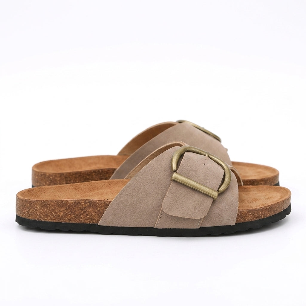 Buckle slide sandals with cork-look sole in beige
