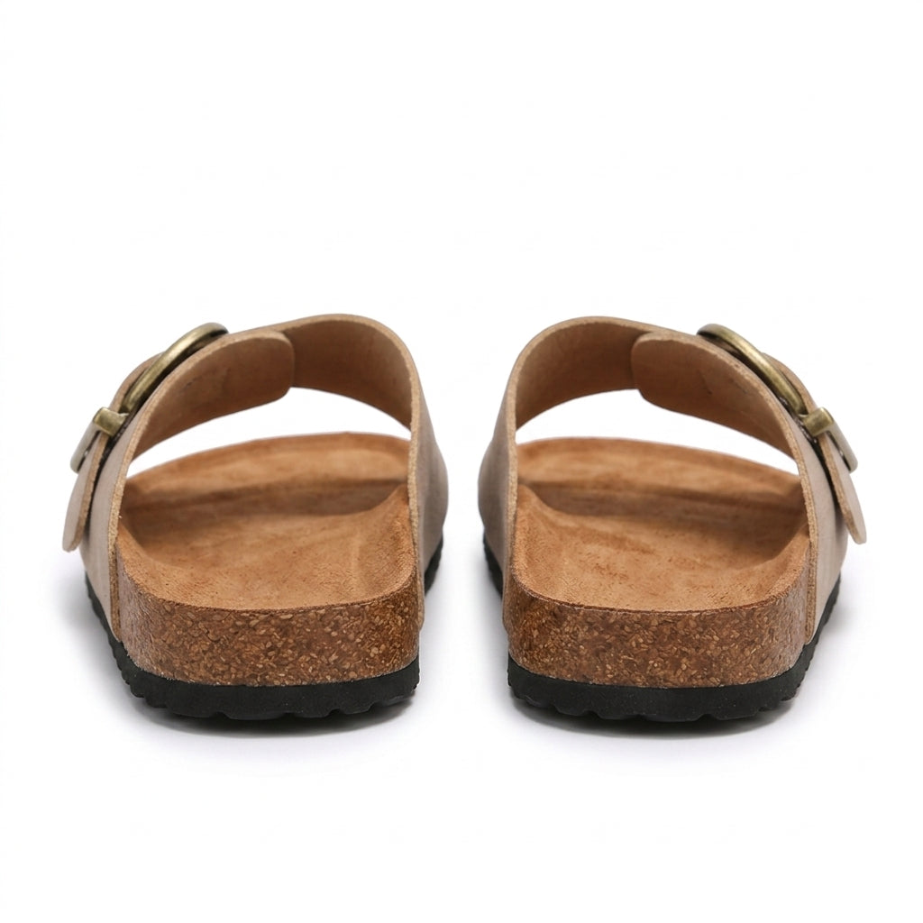 Buckle slide sandals with cork-look sole in beige