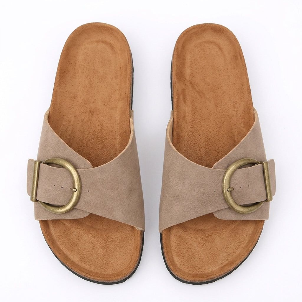 Buckle slide sandals with cork-look sole in beige