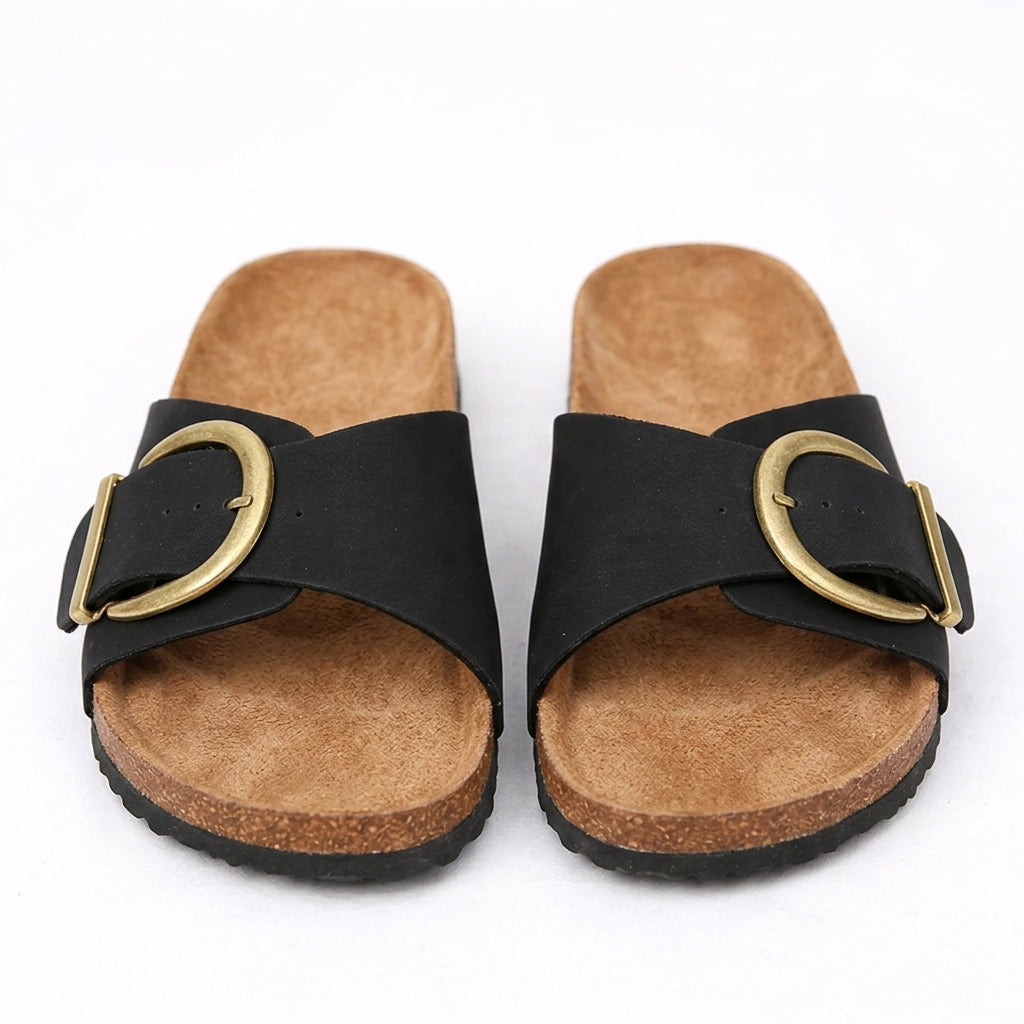 Buckle slide sandals with cork-look sole in black