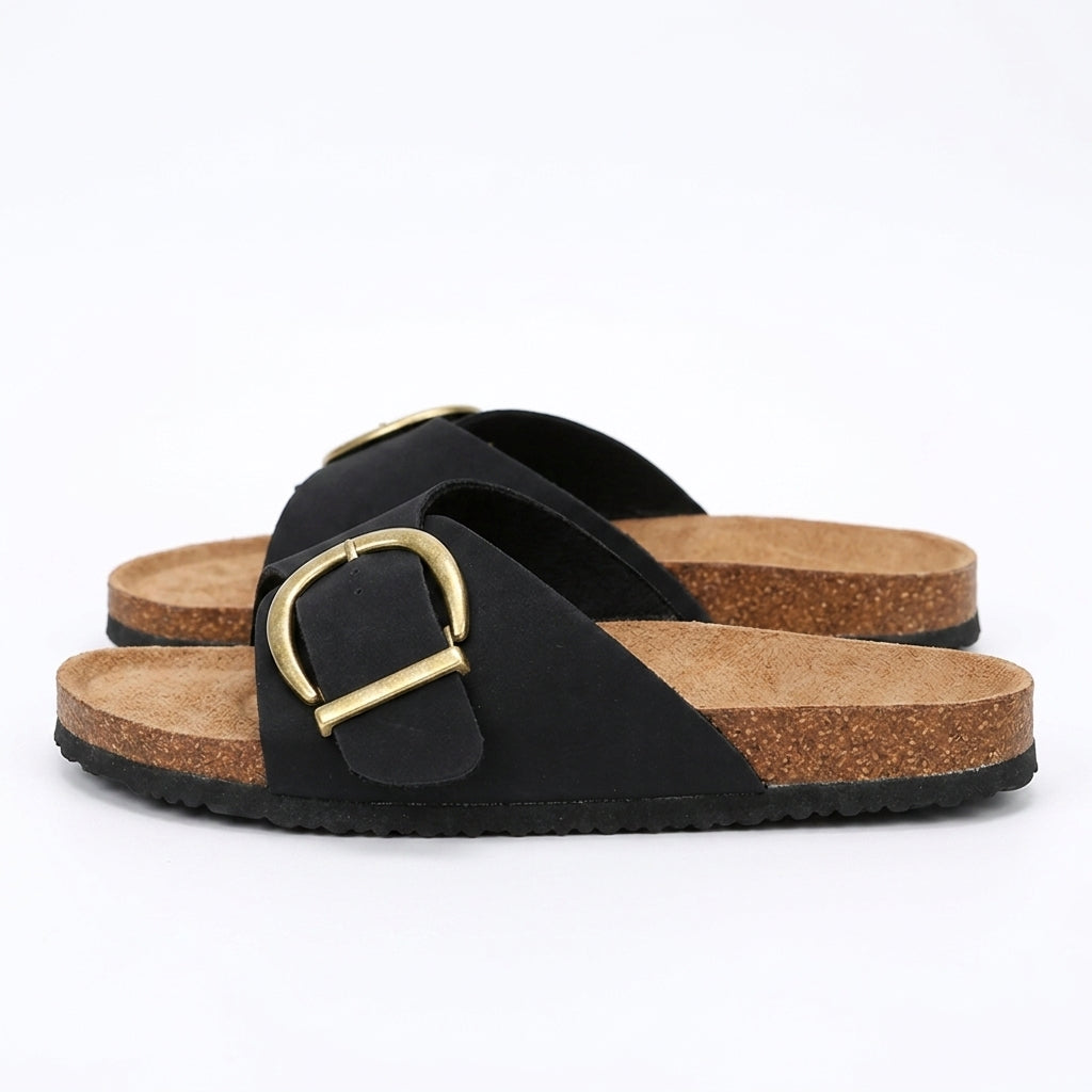 Buckle slide sandals with cork-look sole in black