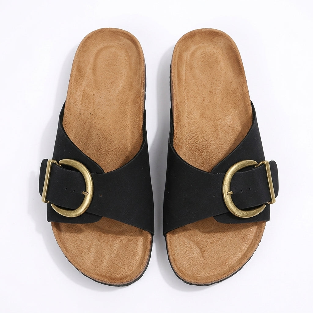 Buckle slide sandals with cork-look sole in black